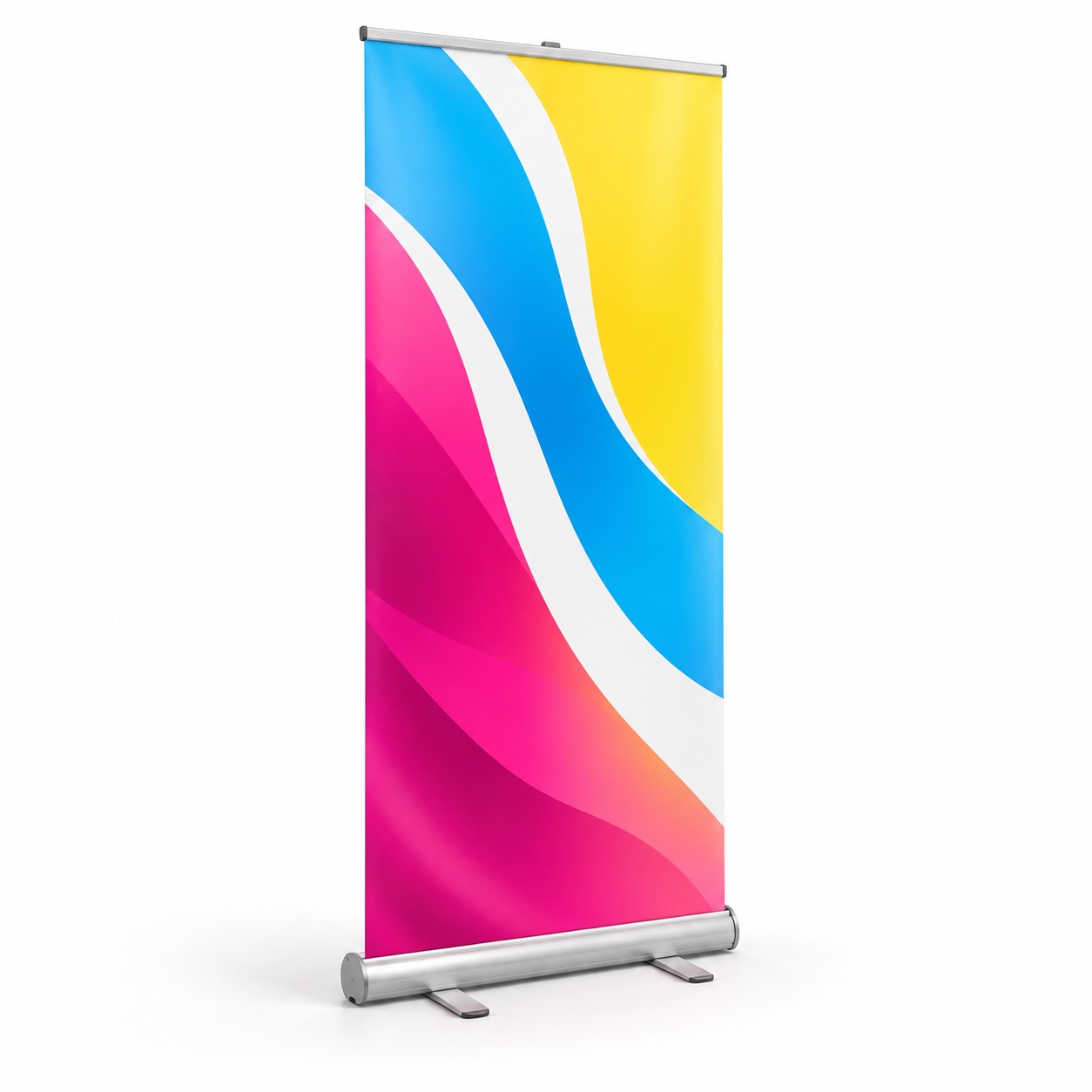Metal kasetli, renkli baskı görseliyle kurulmuş roll-up standı