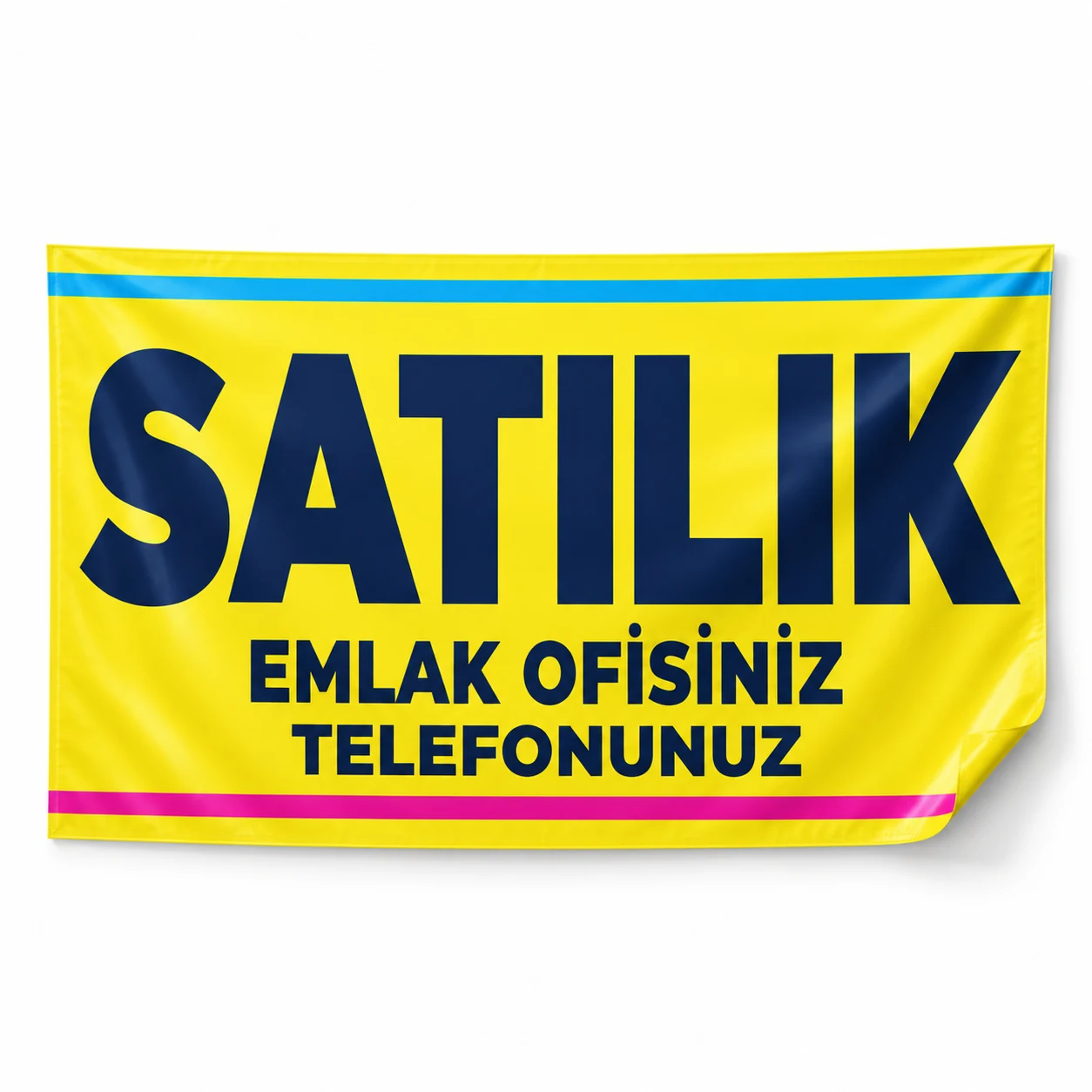 Sarı zemin üzerinde büyük satılık başlığı ve emlak ofisi iletişim alanları bulunan afiş örneği